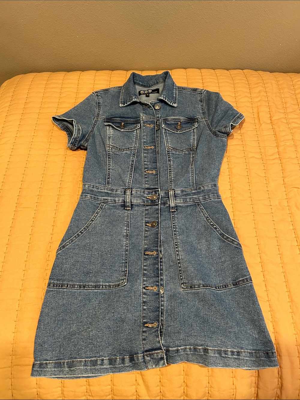 Peace Love World Short-Sleeve Button-Up Denim Dress in Blue